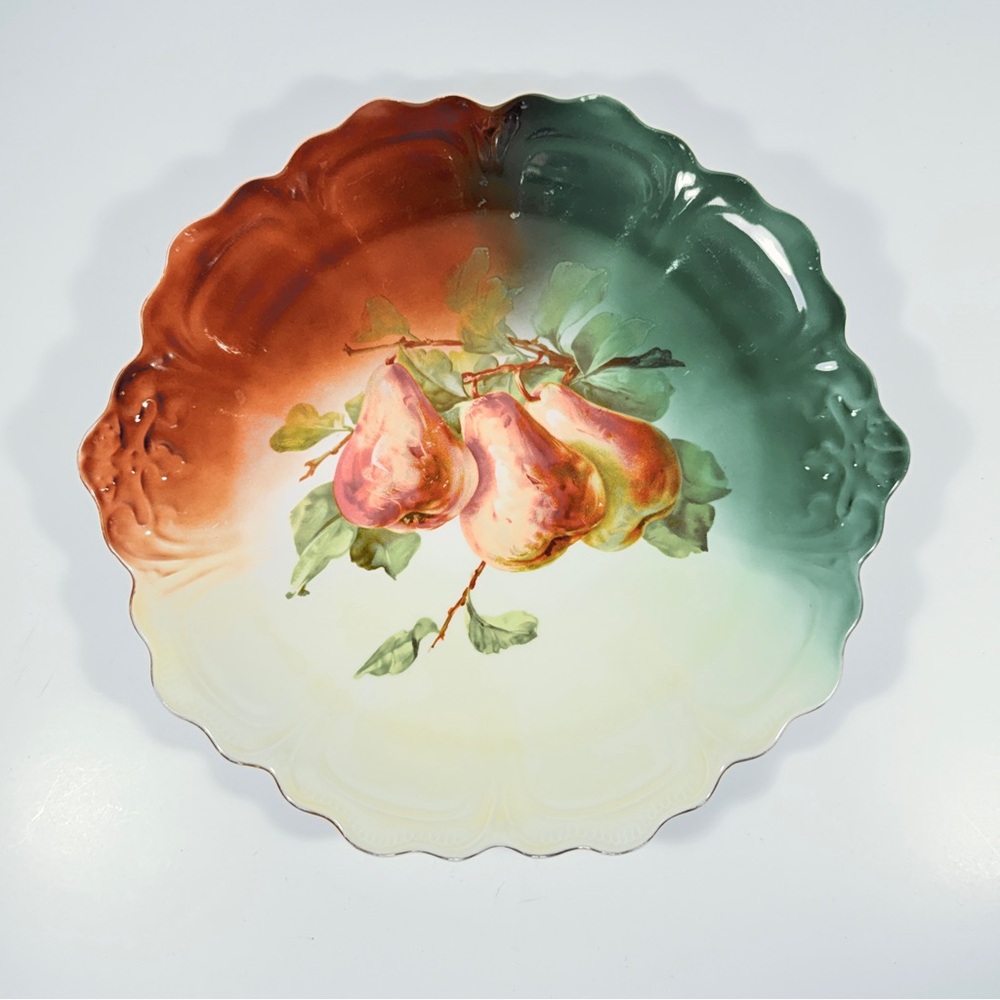 Antique Z. S. & Co Bavaria Scalloped Punch Plate, 12”, Hand Painted Fruit Pear